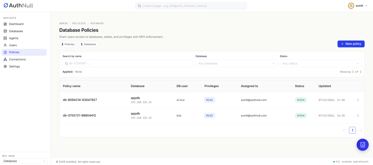 Database Policies screen