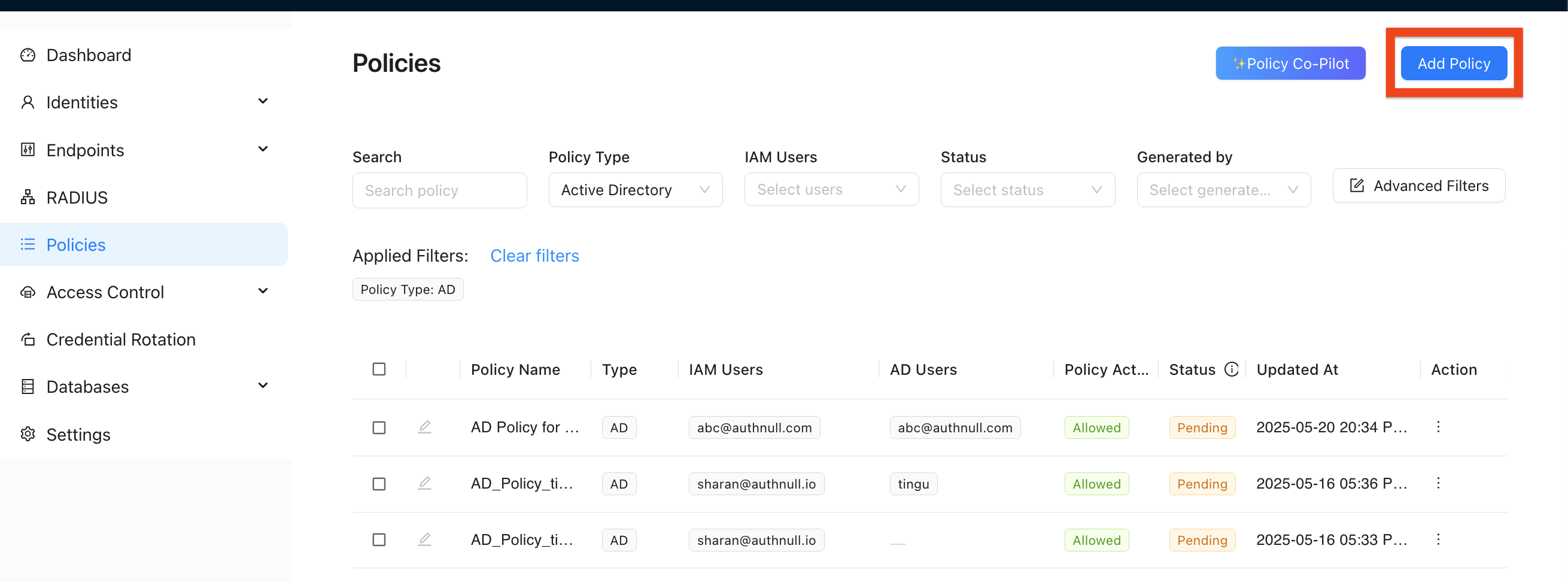 Database policy creation Screen