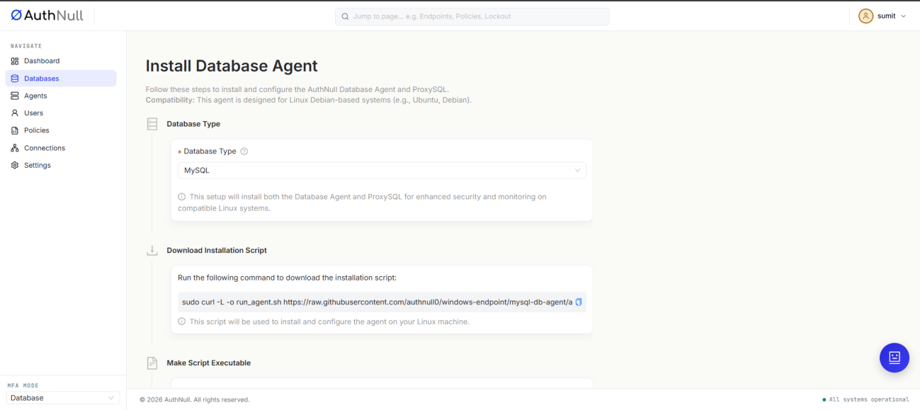 Install Database Agent screen