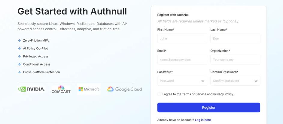 Authnull organization sign-up form