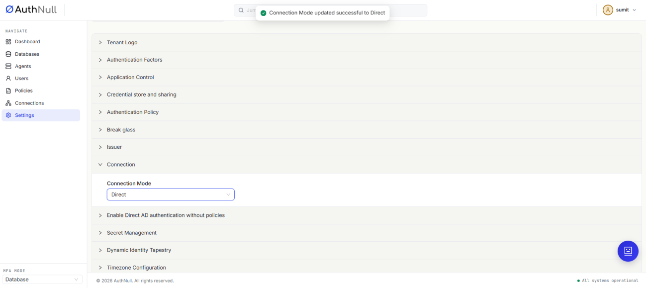 Tenant connection mode configuration