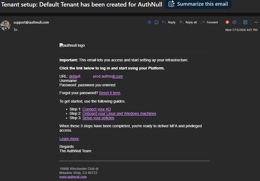 Tenant setup confirmation email